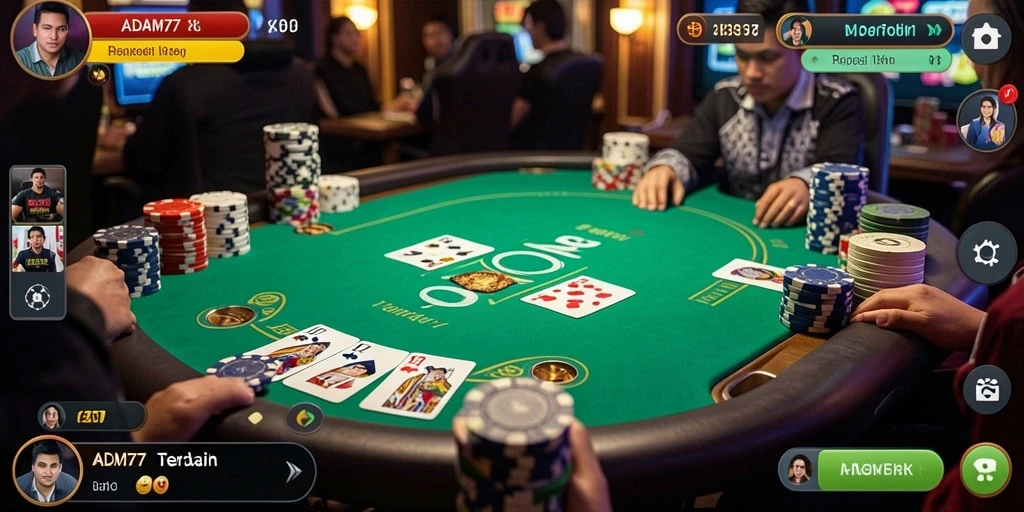 Tampilan gameplay seru di aplikasi ADAM77 yang menghadirkan poker terbaik.